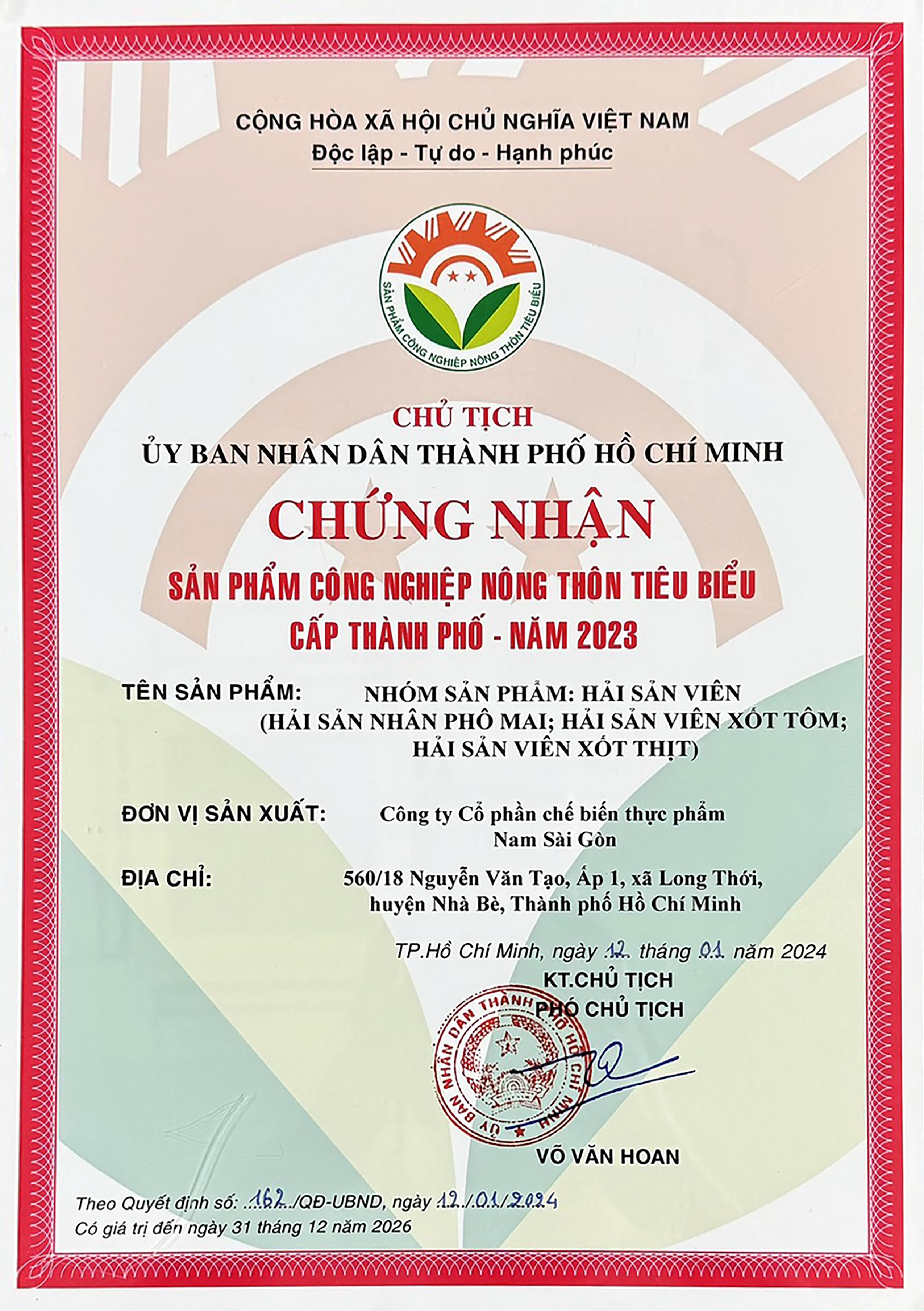 Nhóm hải sản viên Nam Sài Gòn Food đạt chứng nhận SP CNNT tiêu biểu cấp Thành phố
