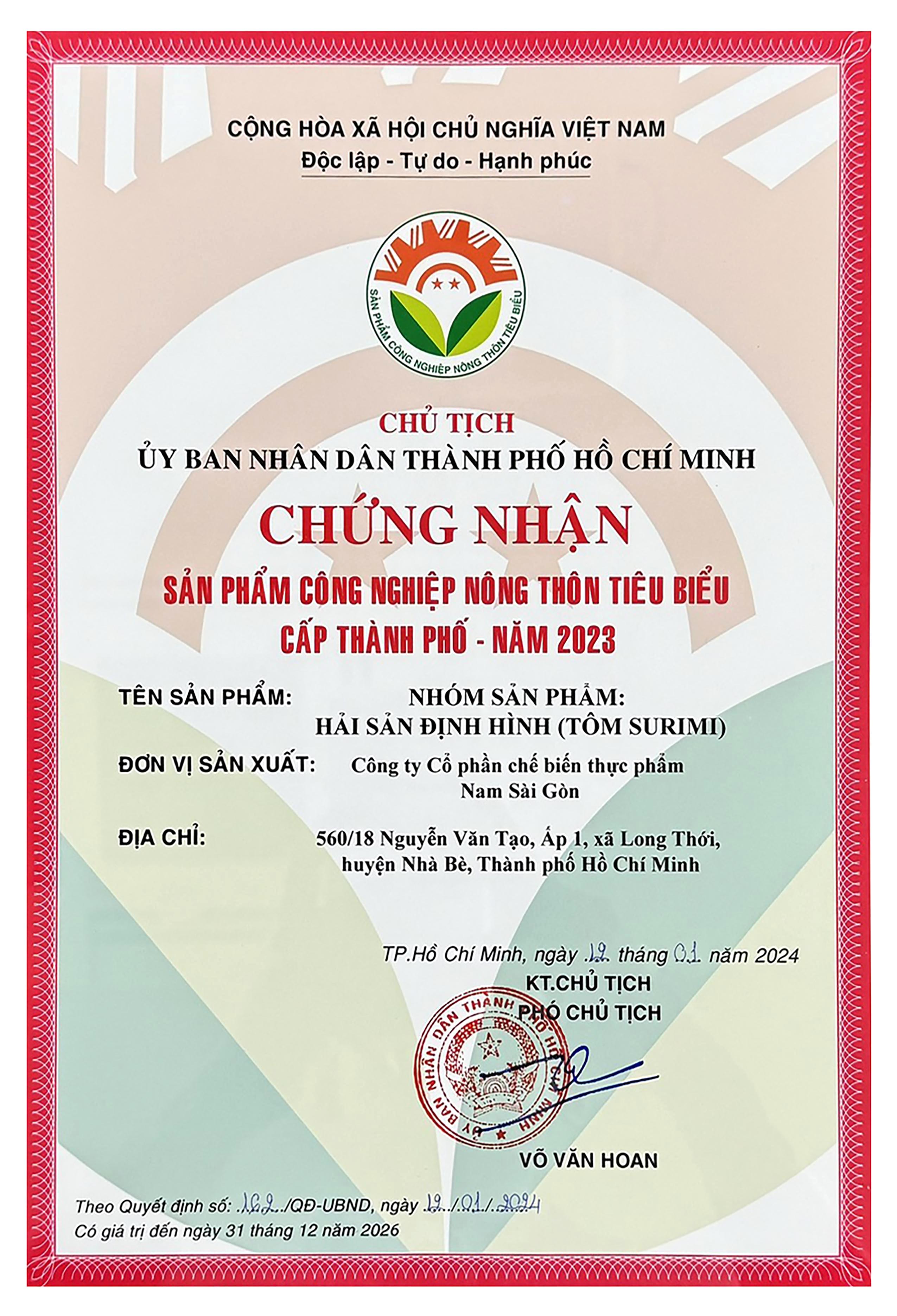Nhóm sản phẩm định hình Nam Sài Gòn Food đạt chứng nhận SP CNNT tiêu biểu cấp Thành phố